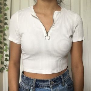 White zipper front crop top